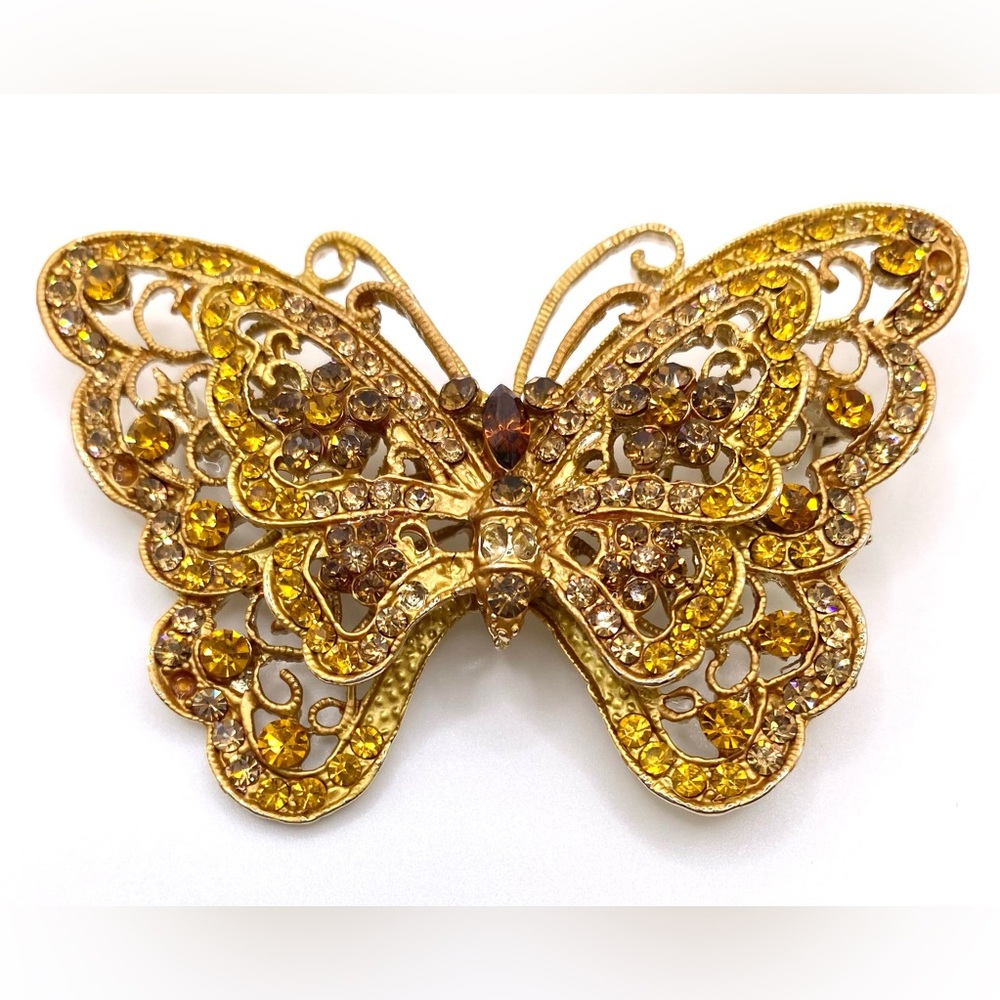 VINTAGE BUTTERFLY Textured Gold Tone Metal Amber/Orange Color Rhinestones